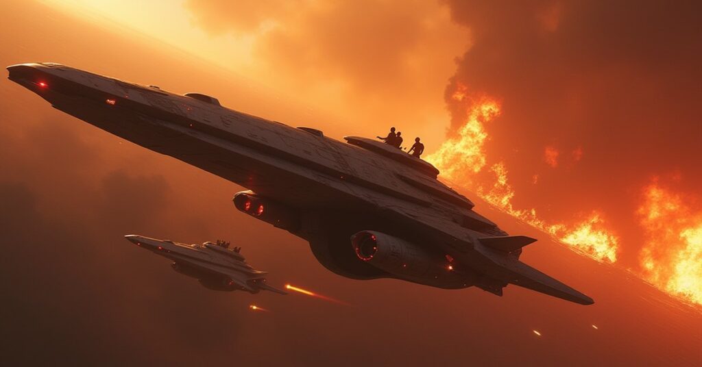 A starship escorting a prisoner transport away from a rebel outpost in Star Trek Fleet Command