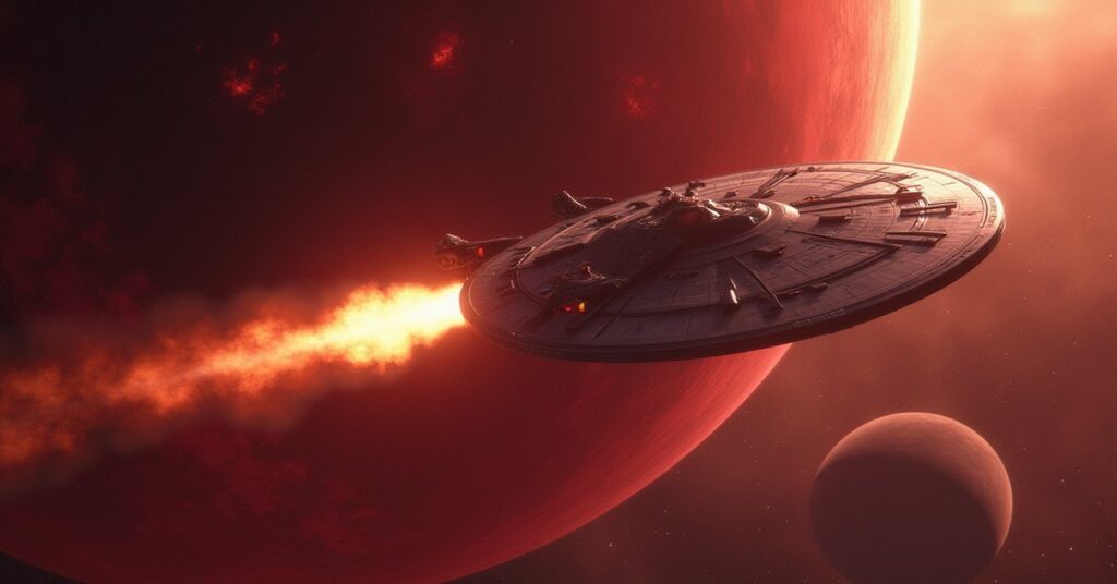 A starship battling a Klingon warship while beaming a rescued crew member aboard, with Q watching from the stars