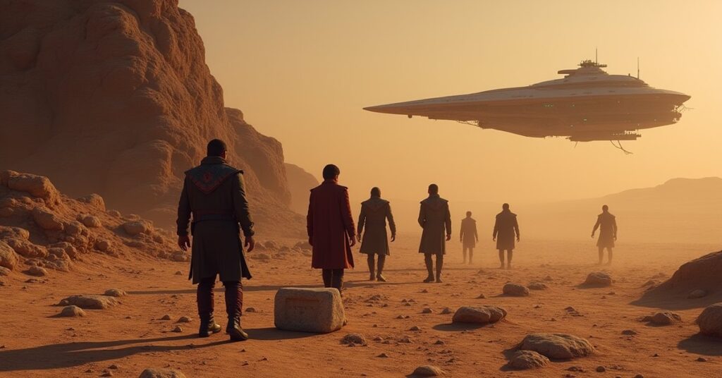 A Romulan away team recovers a carved stone tablet from ruins on a barren moon