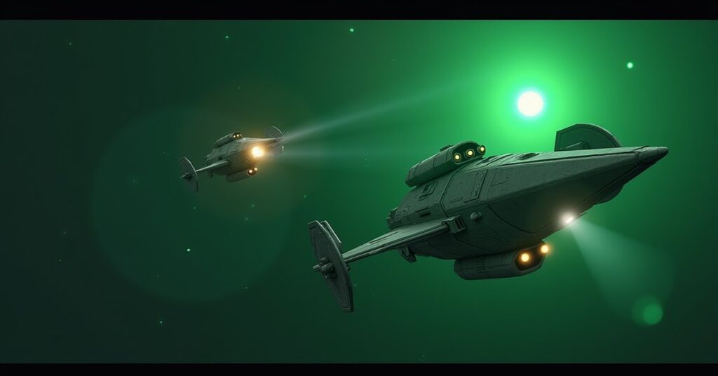 An Orion ship escorting a dignitary's shuttle toward a green planet in Star Trek Fleet Command