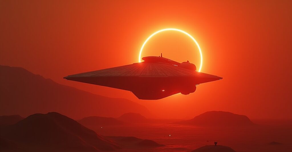 A Vulcan warship decloaks above the red deserts of Vulcan as a temporal rift glows behind a starship