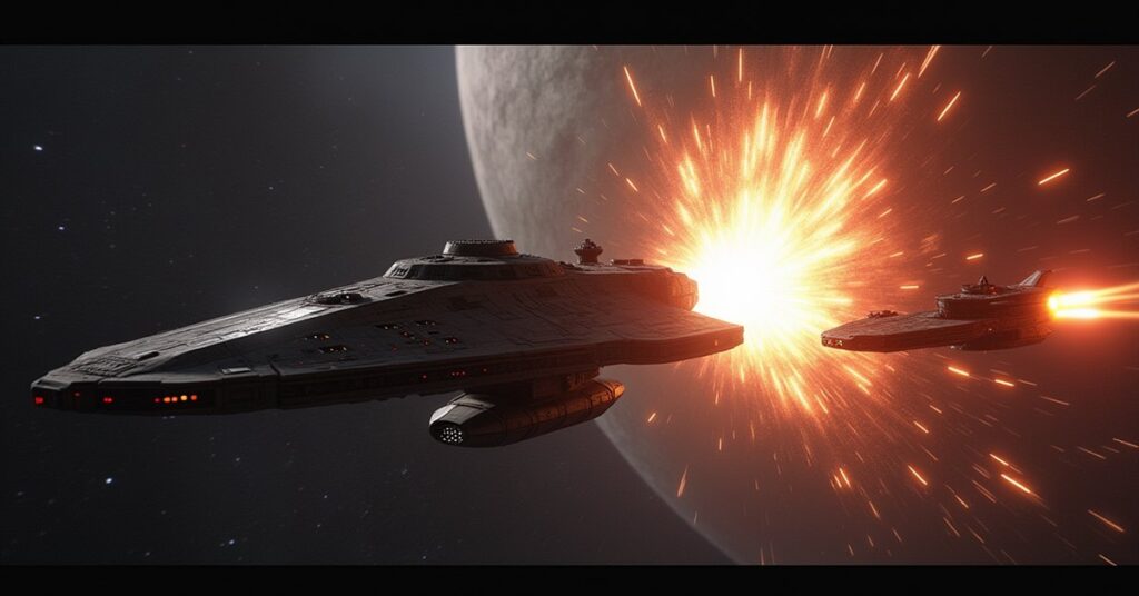 A starship firing a deflector pulse into a temporal rift in Star Trek Fleet Command