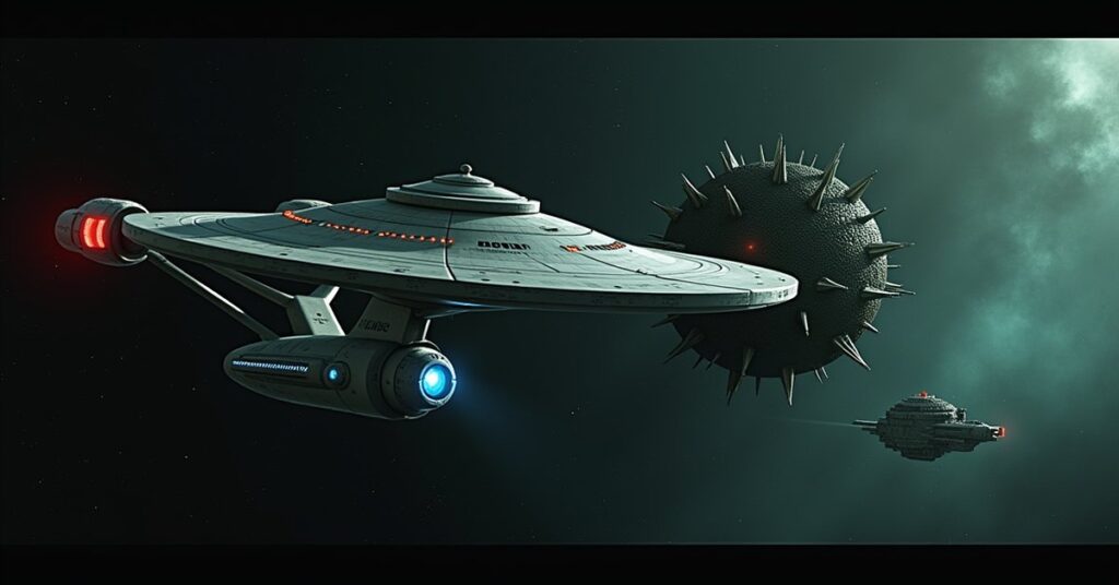 Voyager towed by a Borg Cube as a Species 8472 bio-ship approaches and a starship trails behind
