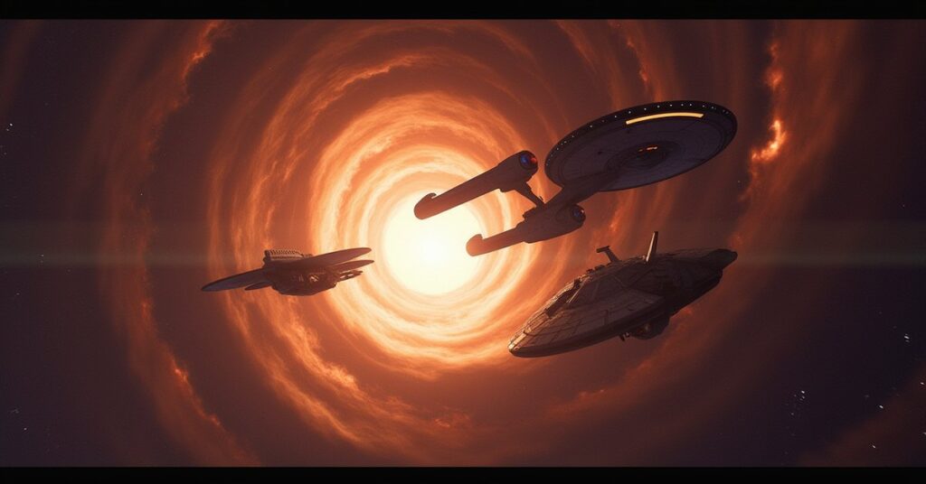A starship facing ships from different eras emerging from a temporal rift in Star Trek Fleet Command
