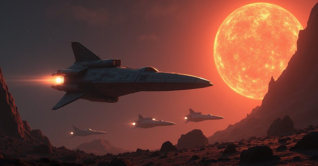 A Romulan warbird guarding an asteroid mining field from raiders in Star Trek Fleet Command