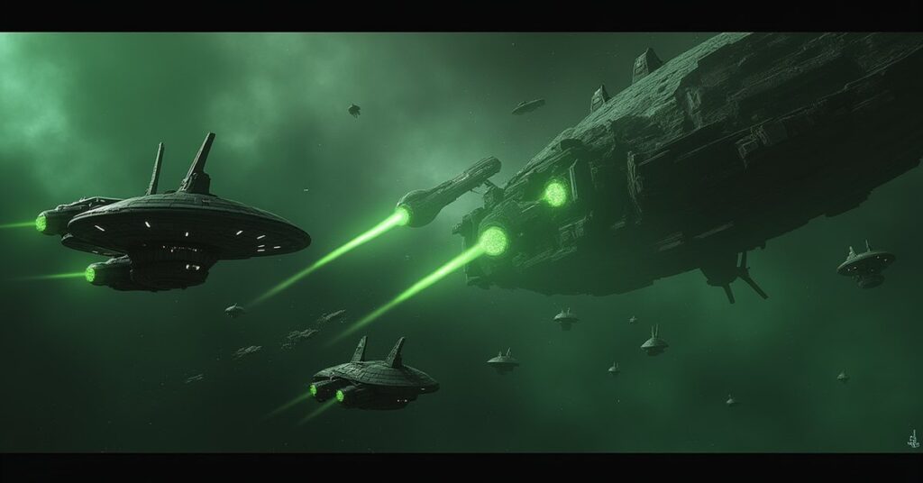 A starship defending Starbase 80 from assimilated warships in Star Trek Fleet Command