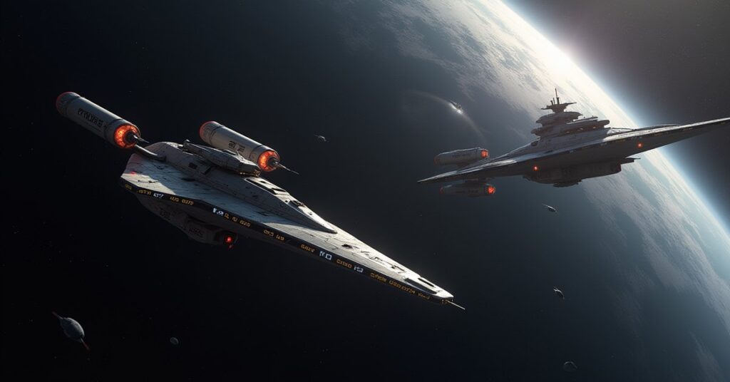 A Starfleet ship facing a large Romulan battleship in the Neutral Zone in Star Trek Fleet Command