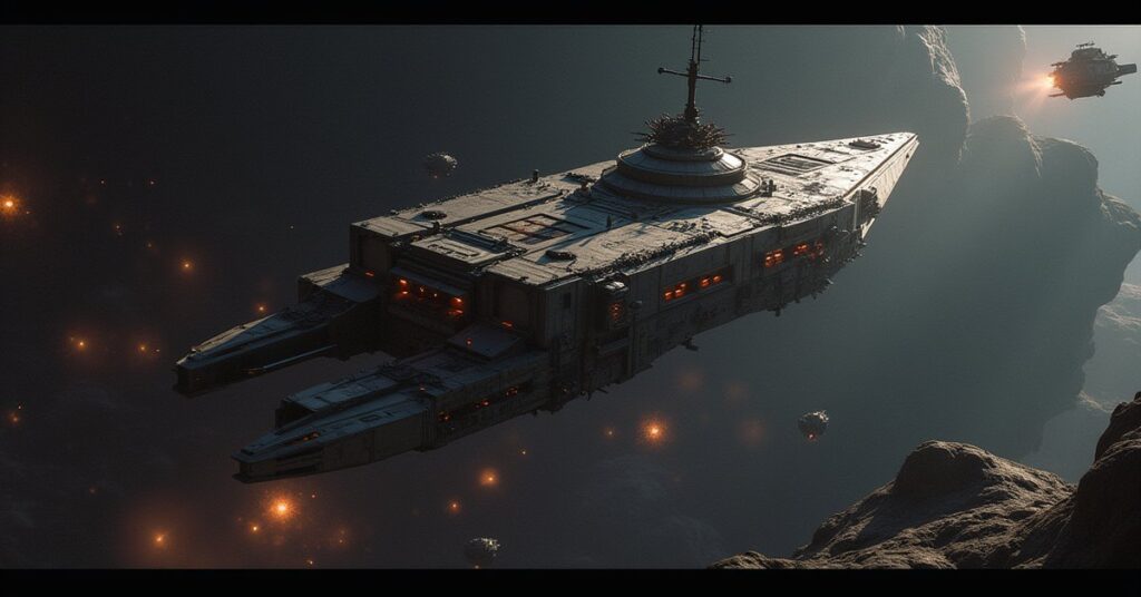 A starship facing a Nausicaan pirate flagship in an asteroid field in Star Trek Fleet Command