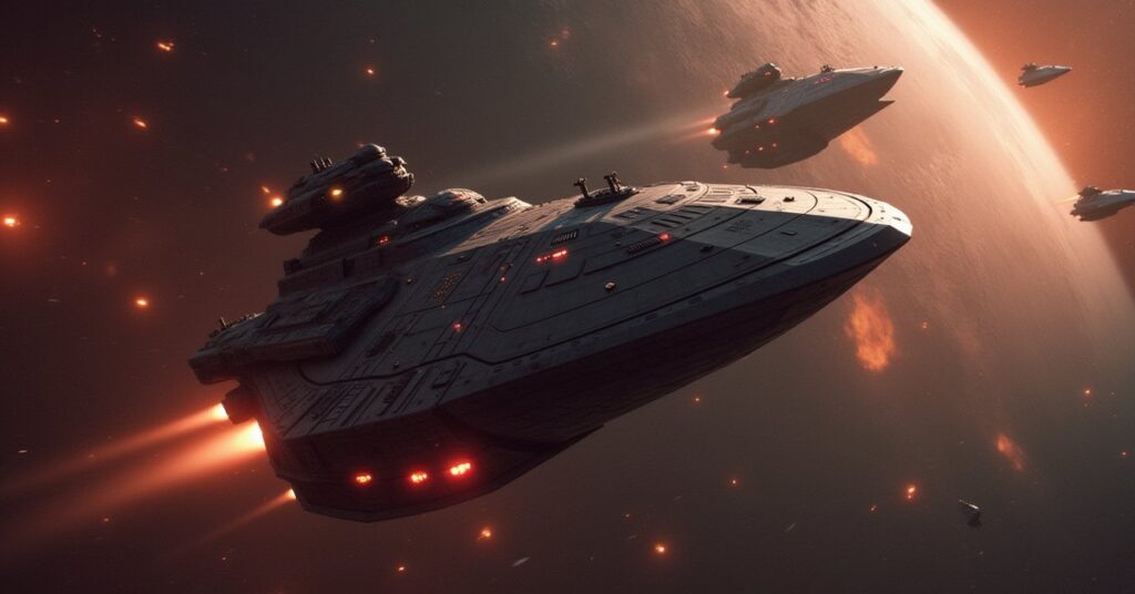 A Klingon warship cornering a mercenary flagship in a crowded star system in Star Trek Fleet Command