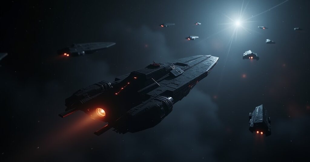 A starship arriving at a hidden Klingon colony in a dark nebula in Star Trek Fleet Command