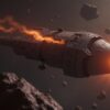 A mining vessel working an asteroid field as a starship arrives in Star Trek Fleet Command