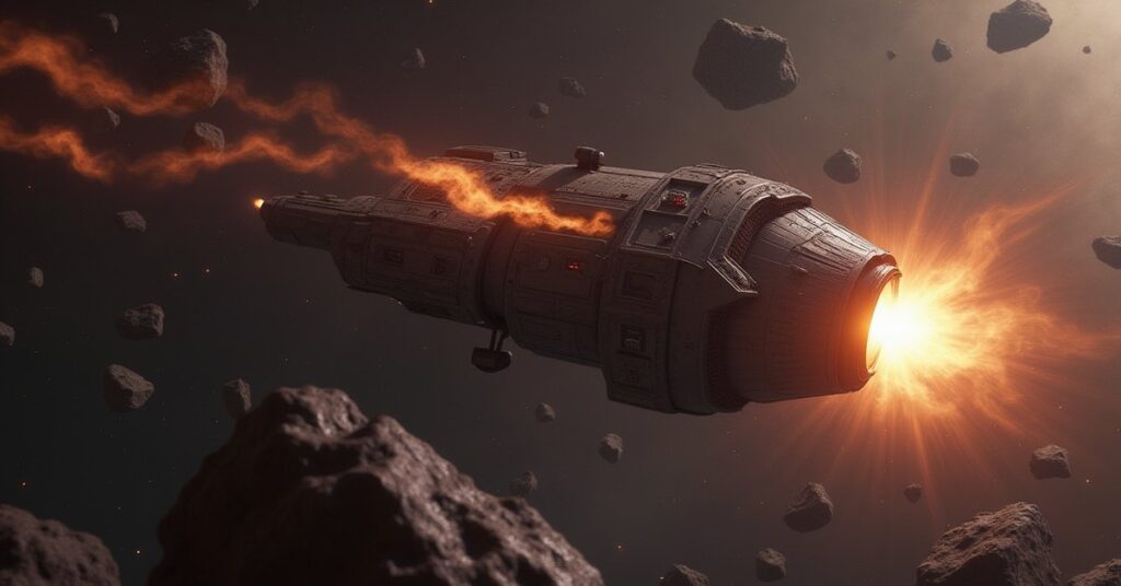 A mining vessel working an asteroid field as a starship arrives in Star Trek Fleet Command
