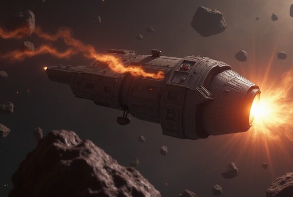 A mining vessel working an asteroid field as a starship arrives in Star Trek Fleet Command