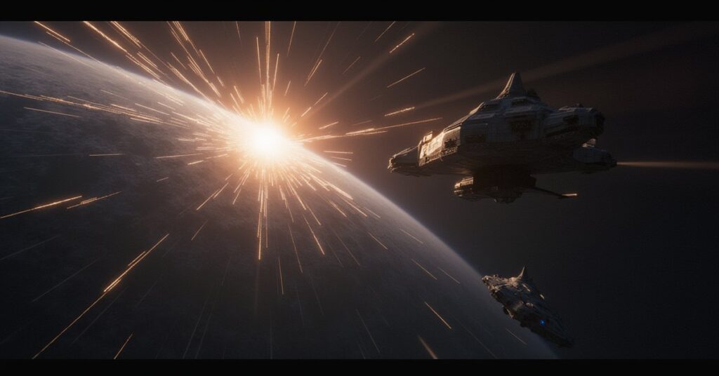 A research vessel scans a shimmering veil in space as a Breen warship approaches