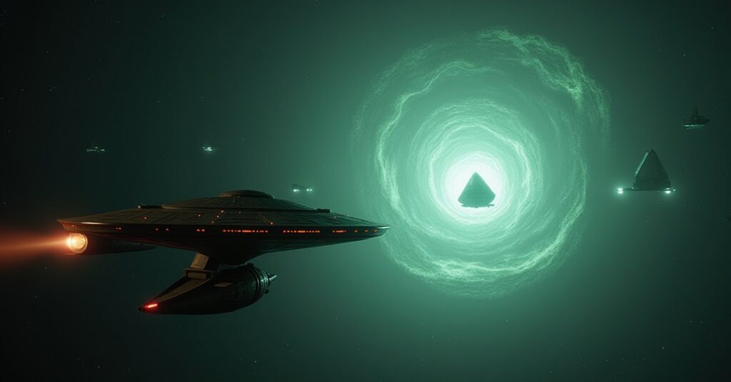 USS Voyager approaching the Borg Queen's diamond ship inside a glowing vortex