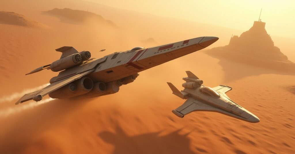 A starship fighting two Vulcan warships above a desert planet in Star Trek Fleet Command