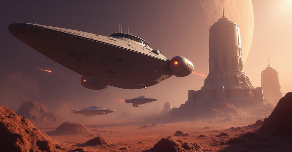 A Klingon cruiser attacking an alien research facility as a starship defends it in Star Trek Fleet Command
