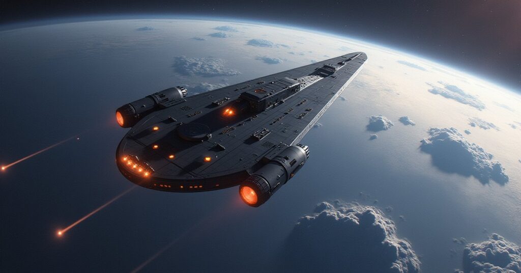 A starship arriving at Starfleet Headquarters above Earth in Star Trek Fleet Command