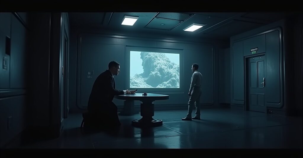 A Section 31 agent studying holographic evidence of a ruined outpost in a shadowy starbase room