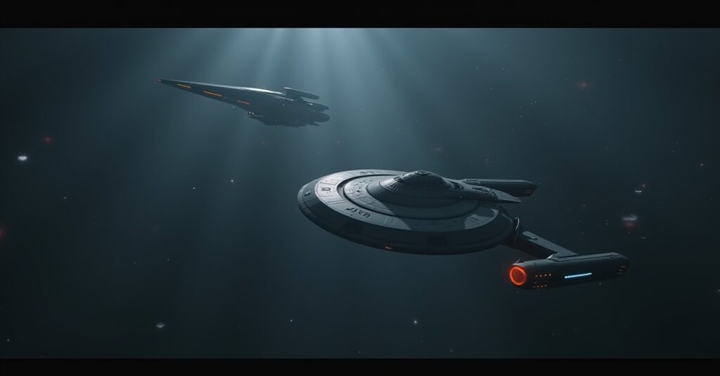 A starship entering a hazy alien system guarded by a security ship in Star Trek Fleet Command