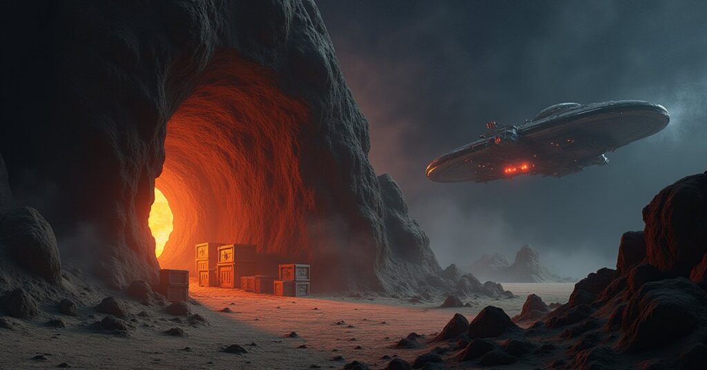 A starship approaching a Nausicaan raider base in an asteroid in Star Trek Fleet Command