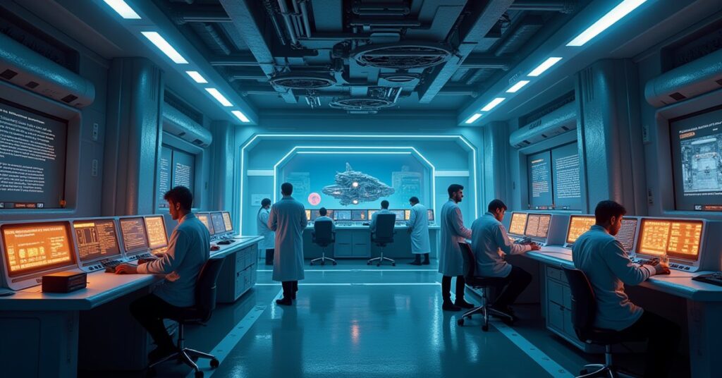 Scientists work at glowing consoles in a station research lab beside a new ship module
