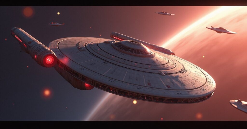 A starship chasing the stolen Enterprise-D past a resort space station as shuttles scatter