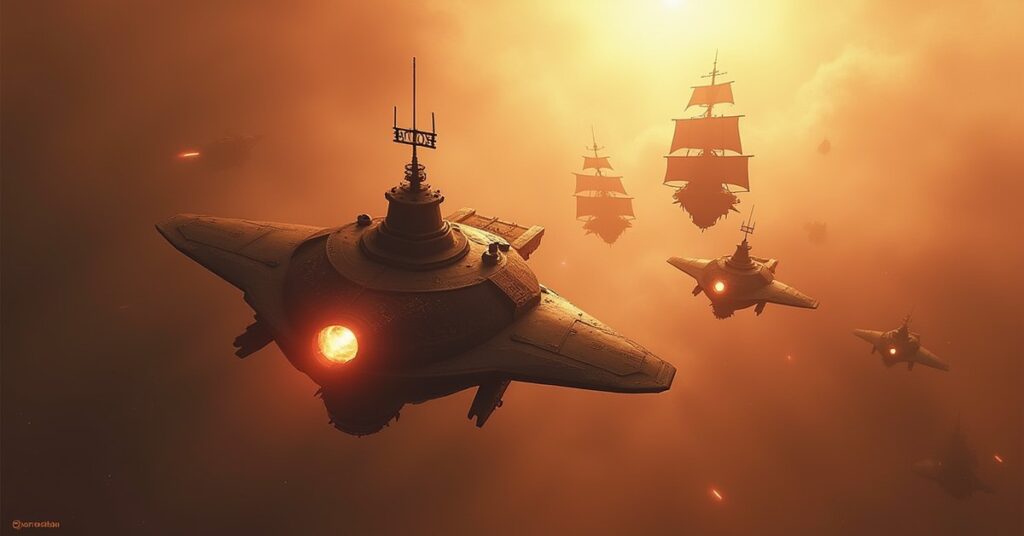 A starship scanning a pack of pirate ships as a hidden spy vessel watches in Star Trek Fleet Command
