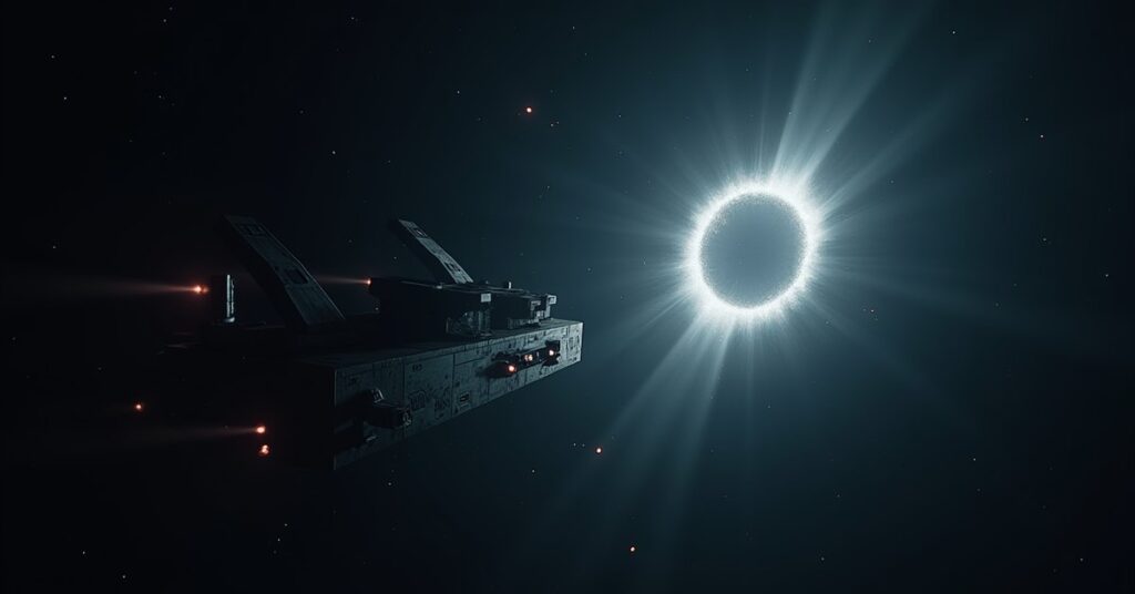 A Romulan research ship beside a glowing rift as a luminous creature approaches in Star Trek Fleet Command
