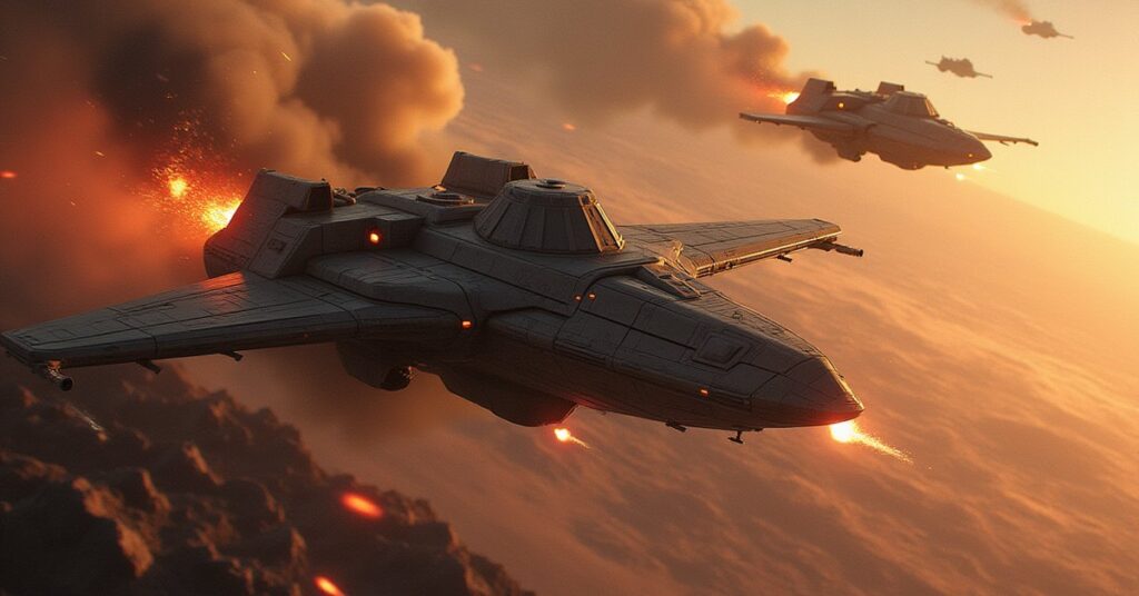 A starship driving off a raider above a mining colony planet in Star Trek Fleet Command
