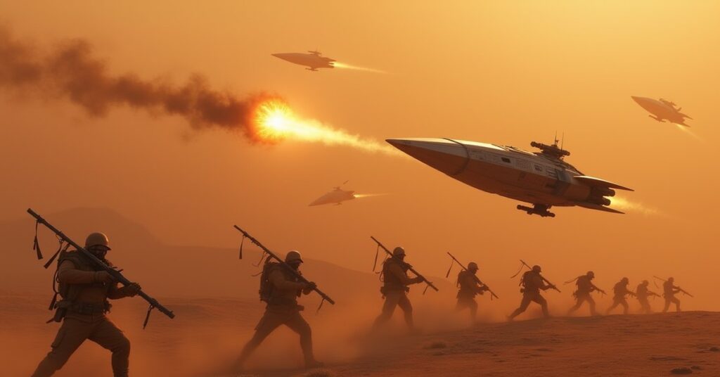 A small starship fighting Nausicaan raiders above a brown planet in Star Trek Fleet Command