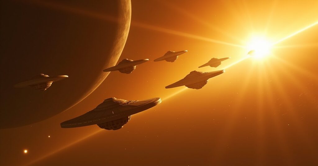 A starship defending a column of Vulcan ships from raiders in Star Trek Fleet Command