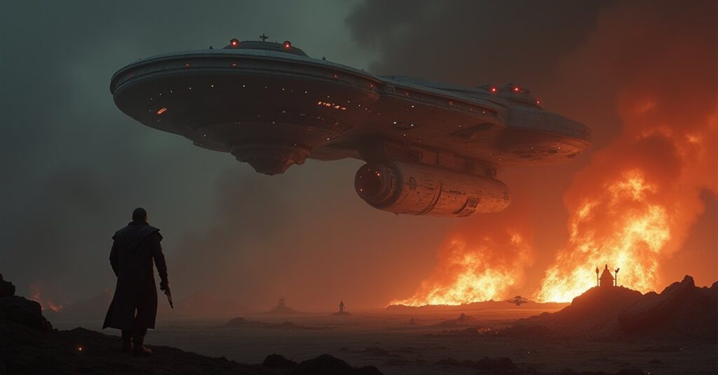 A Romulan Crucible warship looming over a burning outpost as a starship arrives in Star Trek Fleet Command