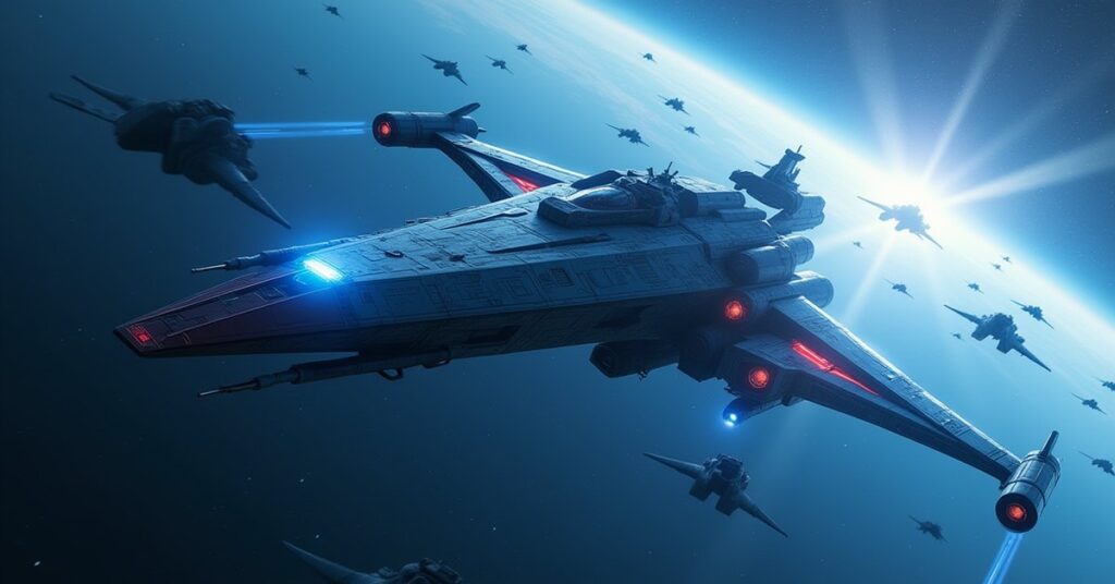 A starship fighting a swarm of Pakled ships above a blue planet in Star Trek Fleet Command