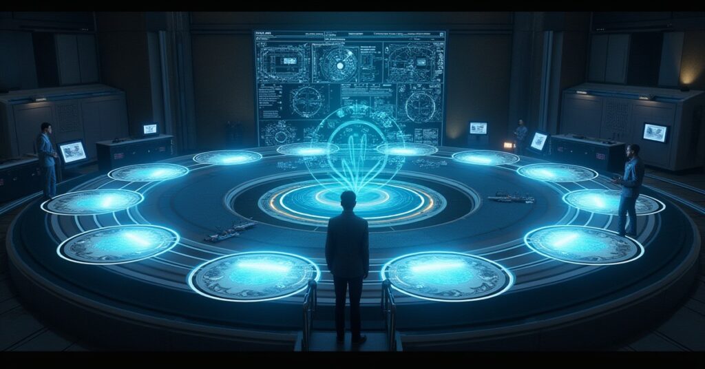 A starbase research laboratory with glowing holographic schematics in Star Trek Fleet Command
