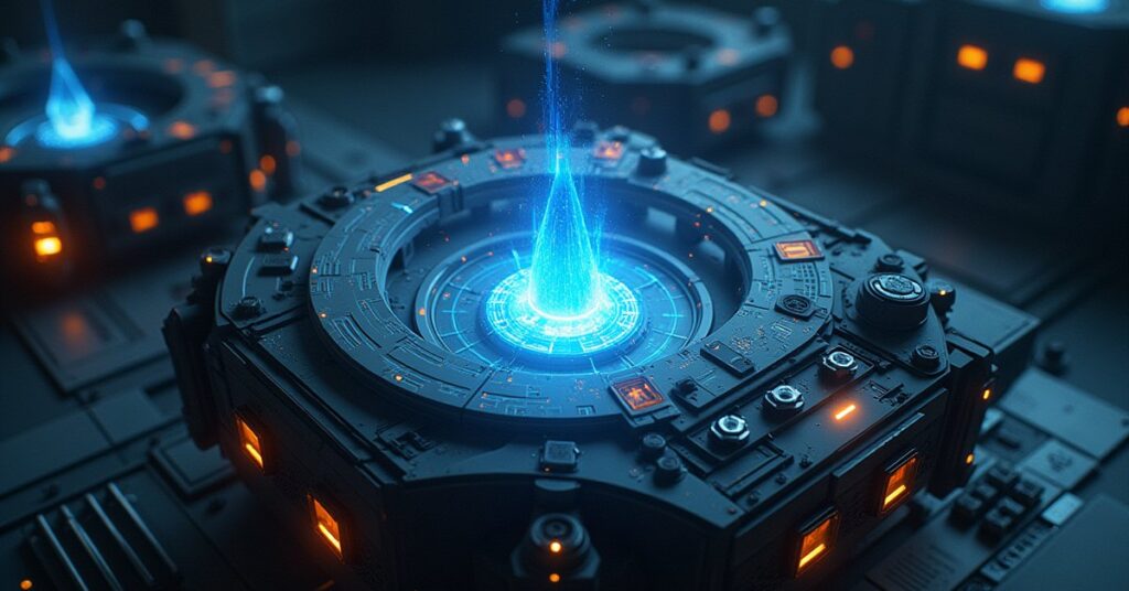 A starbase research laboratory glowing with holographic schematics in Star Trek Fleet Command