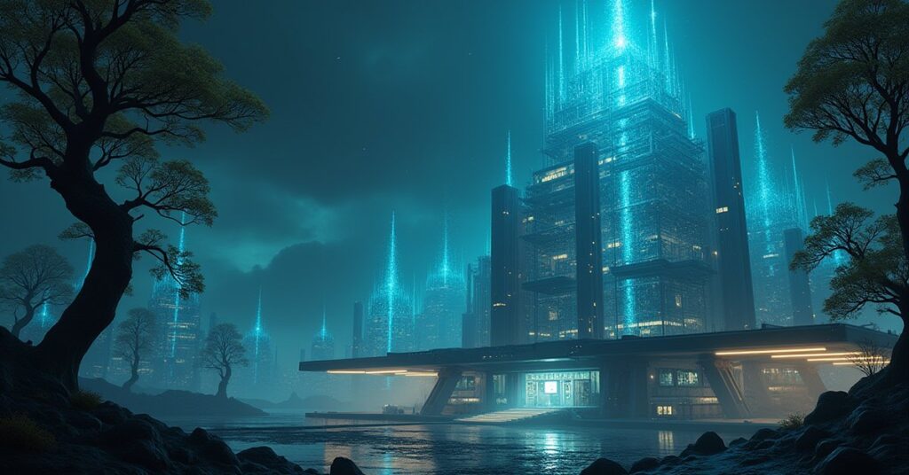 A towering space station research complex glowing with holograms in Star Trek Fleet Command