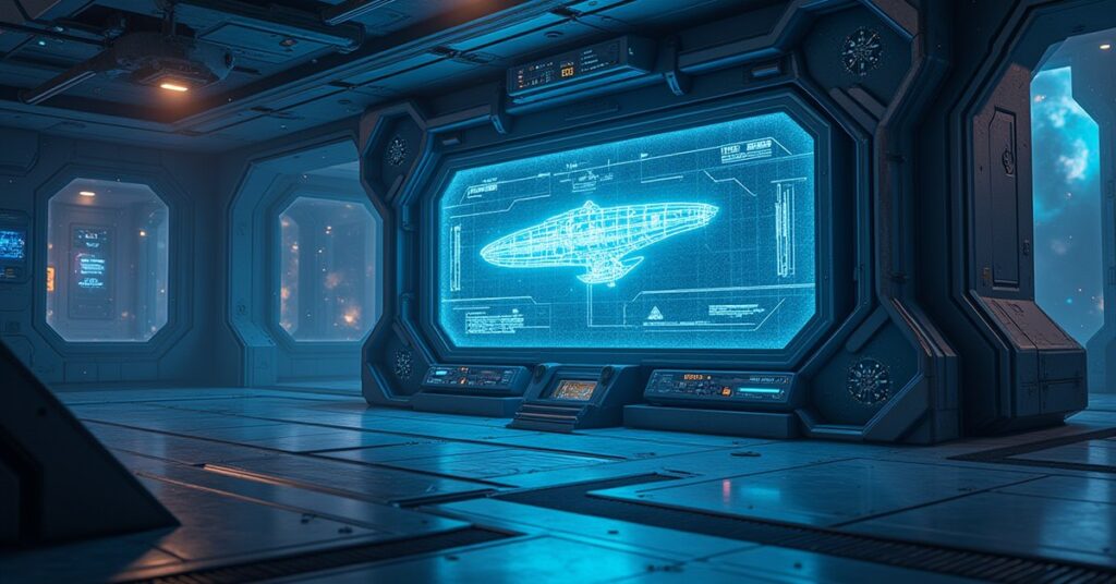 A station research lab with holographic ship blueprints above consoles in Star Trek Fleet Command