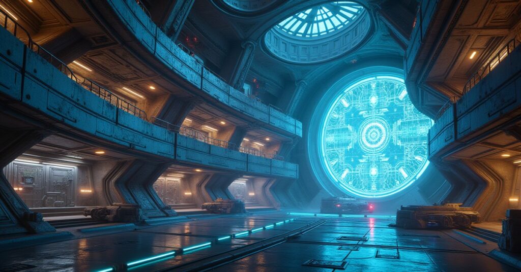 A glowing research wing on a large space station with docked starships in Star Trek Fleet Command