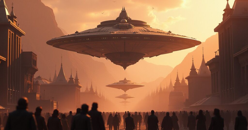 A Klingon fleet hovers over a rebellious colony as crowds gather in the streets below