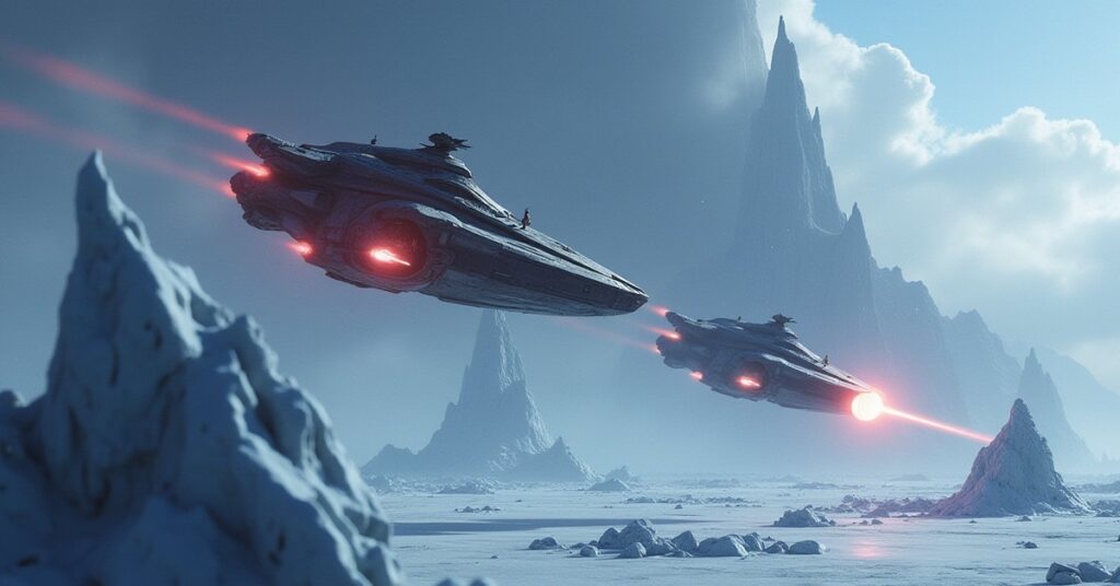 Federation defense platforms facing arriving Klingon warships over an icy planet in Star Trek Fleet Command