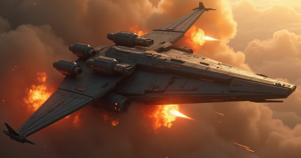A Klingon ship raiding a Romulan outpost as a battleship returns fire in Star Trek Fleet Command