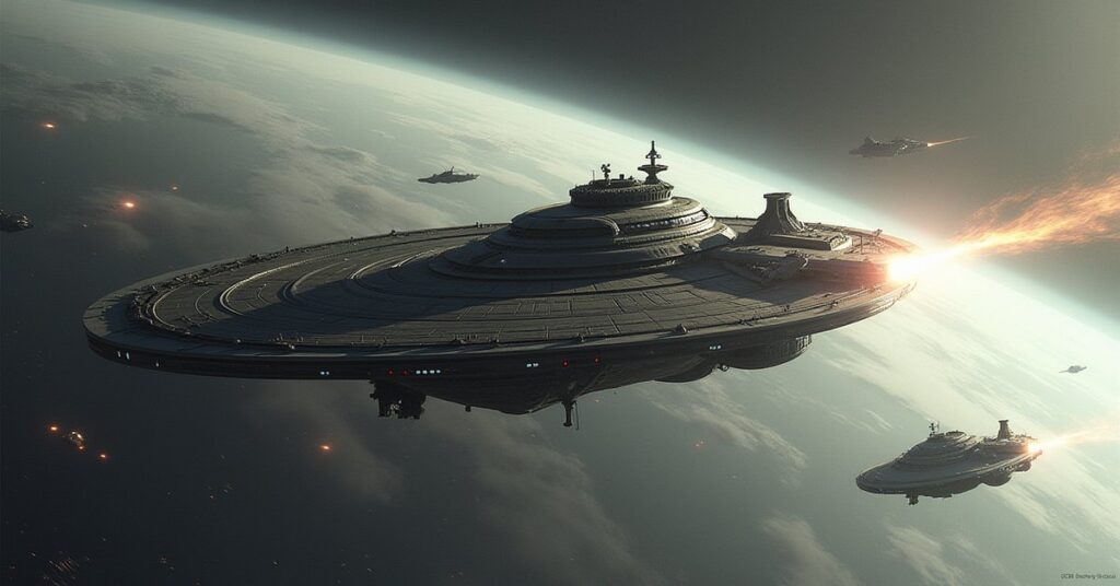 A Klingon cruiser attacking a warship guarding a fortified station above a gas giant in Star Trek Fleet Command