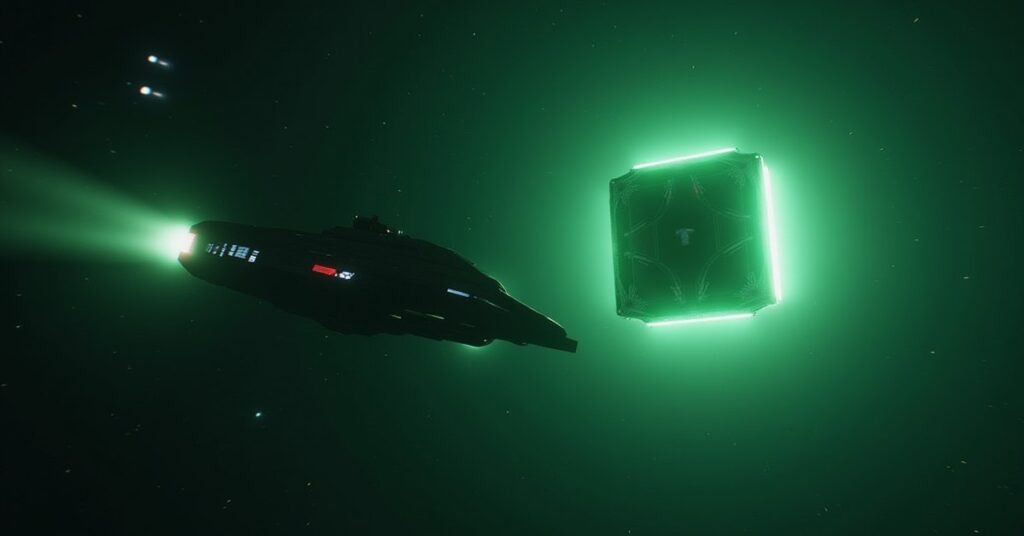 A starship fleeing a green-lit Borg vessel with escape pods trailing behind in Star Trek Fleet Command