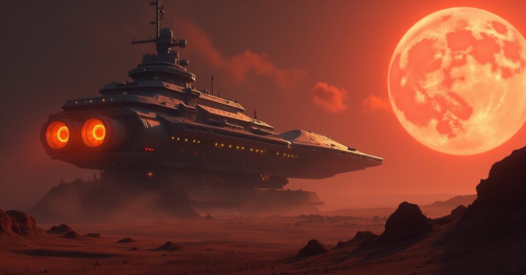 A Federation starship at a starbase with the red planet Vulcan in the distance in Star Trek Fleet Command