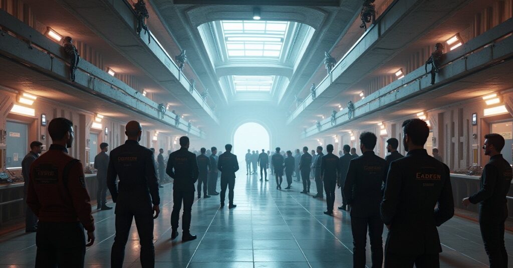 Construction drones expand a starbase recruitment hall as officers gather inside in Star Trek Fleet Command