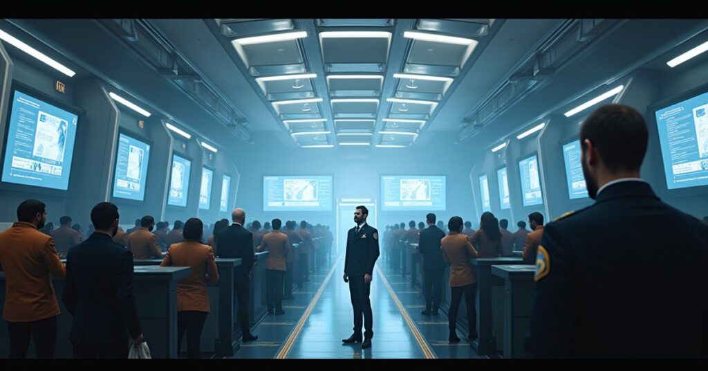 Officers in varied uniforms gather in a space station recruitment hall under holographic banners