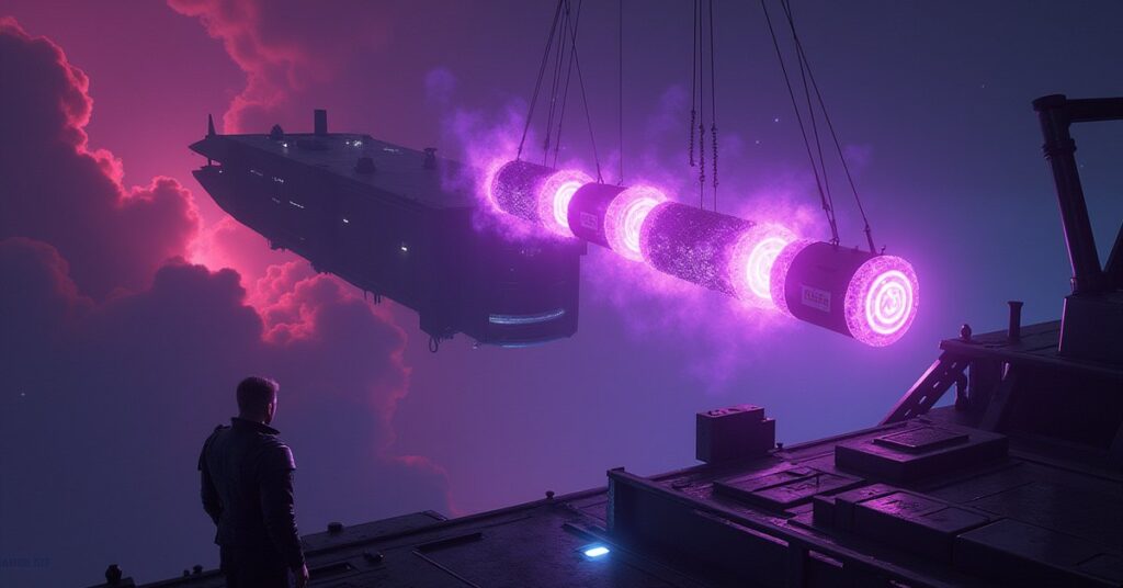 Containers of glowing dark matter aboard an Augment ship near a violet nebula in Star Trek Fleet Command