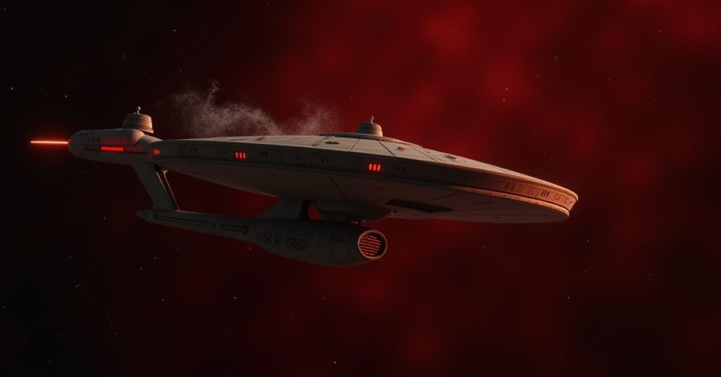A starship rescuing a captive from a Suliban holding ship in a red star system in Star Trek Fleet Command