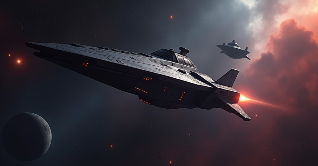 A starship chasing a dark interceptor through a nebula near a planet in Star Trek Fleet Command